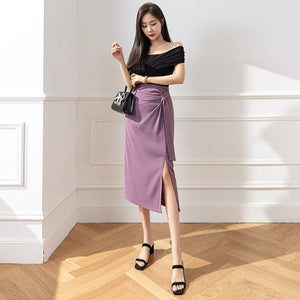 Women's Polyester High Waist Casual Wear Solid Pattern Midi Skirt