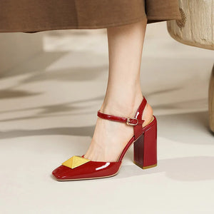Women's Patent Leather Square Toe Buckle Strap Closure Sandals