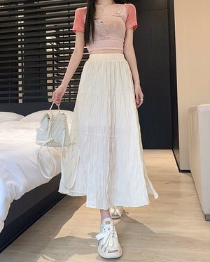 Women's Polyester Casual Wear Solid Pattern Elastic Waist Skirt