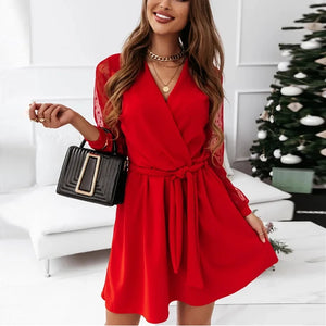Women's Polyester V-Neck Long Sleeves Solid Pattern Party Dress