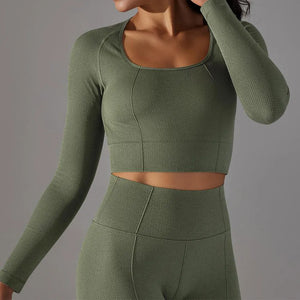 Women's Nylon Square Neck Full Sleeve Breathable Yoga Wear Tops