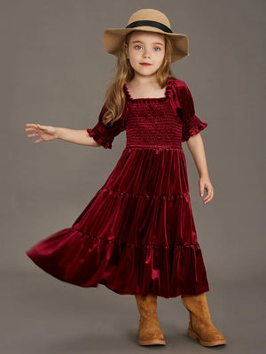 Kid Girl's Square Neck Polyester Short Sleeve Plain Pattern Dress