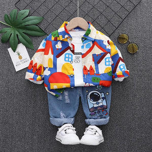 Baby's Boy Cotton Full Sleeves Printed Pattern Three-Piece Suit