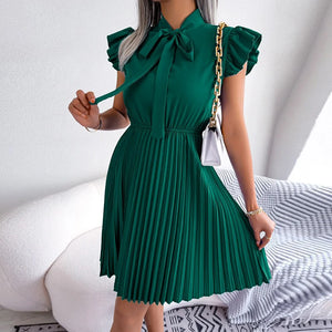 Women's Polyester Stand Collar Short Sleeve Pleated Sexy Dress
