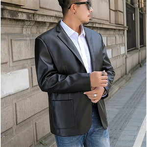 Men's PU Notched Collar Long Sleeves Single Breasted Blazer