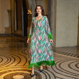Women's Arabian V-Neck Polyester Full Sleeves Patchwork Dresses