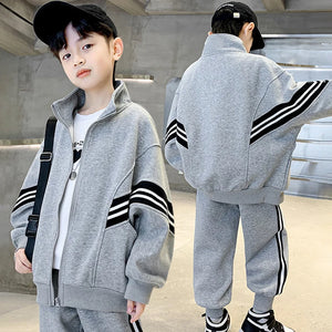Kid's Polyester Full Sleeves Striped Pattern Zipper Tracksuit