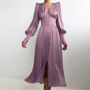 Women's Polyester V-Neck Long Sleeves Solid Pattern Casual Dress