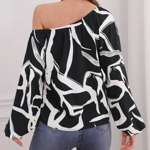 Women's Diagonal-Neck Polyester Long Sleeves Printed Blouses
