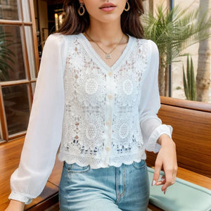 Women's V-Neck Chiffon Long Sleeves Hollow-Out Casual Blouses