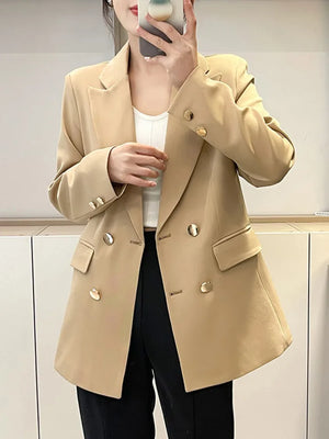 Women's Notched Collar Full Sleeve Double Breasted Casual Blazer
