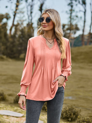 Women's Polyester V-Neck Long Sleeves Solid Pattern Blouses