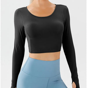 Women's Spandex Long Sleeves Plain Pattern Backless Gym Shirt