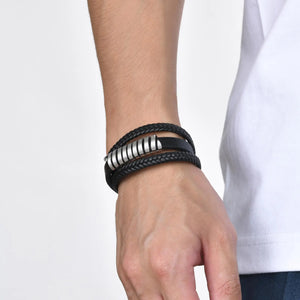Men's Leather Stainless Steel Magnet Clasp Trendy Round Bracelet
