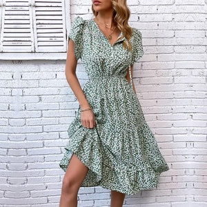 Women's V-Neck Polyester Short Sleeves Floral Pattern Casual Dress