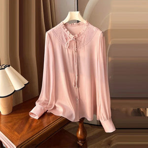 Women's Polyester O-Neck Long Sleeve Plain Pattern Casual Blouses