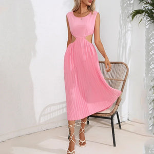 Women's Polyester O-Neck Sleeveless Pleated Pattern Casual Dress
