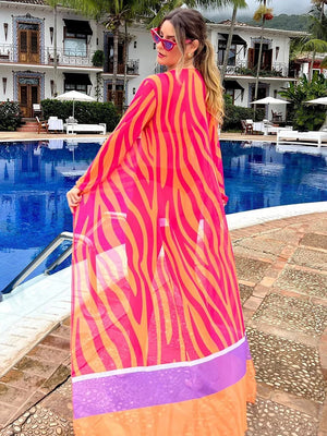 Women's Polyester Deep V-Neck Printed Pattern Bathing Cover Up
