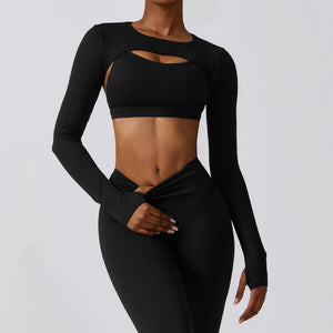 Women's Nylon O-Neck Long Sleeves Fitness Workout Crop Tops