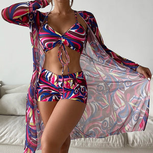 Women's Polyester High Waist Swimwear Three-Piece Bikini Set