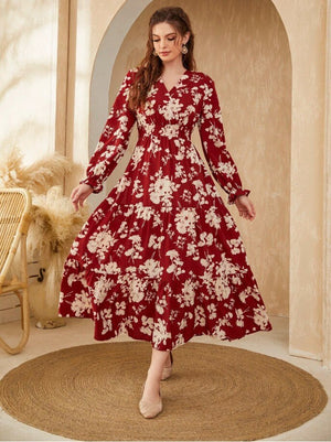 Women's Polyester V-Neck Full Sleeve Floral Pattern Elegant Dress