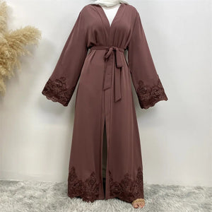Women's Arabian V-Neck Polyester Full Sleeve Embroidery Open Abaya