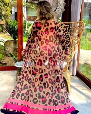 Women's Polyester Deep V-Neck Leopard Pattern Bathing Cover Up