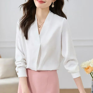 Women's V-Neck Polyester Long Sleeves Solid Pattern Casual Blouses