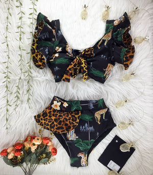 Women's O-Neck Ruffle Sleeve Leopard Pattern Two-Piece Swim Suit