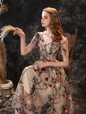 Women's V-Neck Polyester Short Sleeves Embroidery Evening Dresses