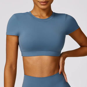 Women's Nylon O-Neck Short Sleeves Fitness Workout Crop Tops