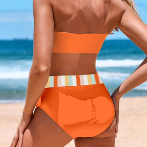 Women's Polyester High Waist Swimwear Striped Pattern Bikini Set