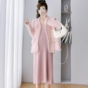 Women's Acrylic V-Neck Long Sleeve Knitted Pattern Maternity Dress