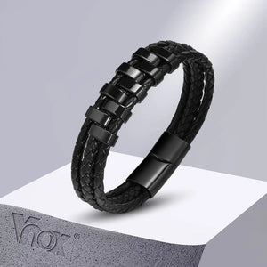 Men's Leather Stainless Steel Magnet Clasp Round Shaped Bracelet