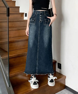 Women's Polyester High Waist Plain Pattern Denim Maxi Skirt