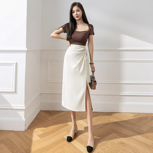 Women's Polyester High Waist Casual Wear Solid Pattern Midi Skirt