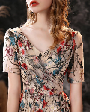 Women's V-Neck Short Sleeves Floral Embroidery Evening Prom Dress