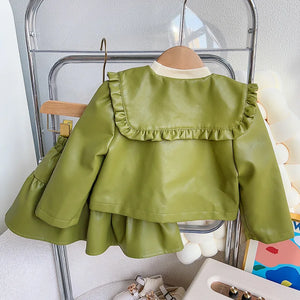 Baby Girl's Faux Leather Full Sleeves Solid Pattern Elegant Dress