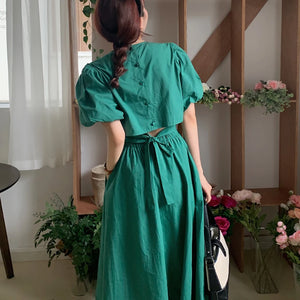 Women's O-Neck Polyester Short Sleeve Solid Pattern Vintage Dress