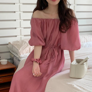 Women's Polyester Square-Neck Short Sleeve Solid Pattern Dress