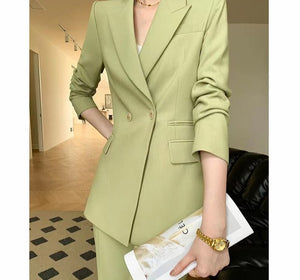 Women's Cotton Notched Collar Double Breasted Elegant Blazer Set