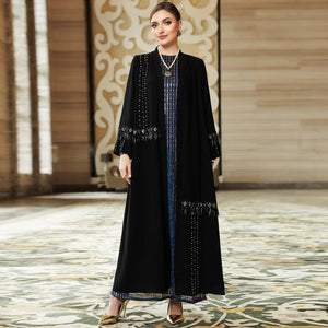 Women's Arabian O-Neck Polyester Full Sleeve Beaded Pattern Abaya