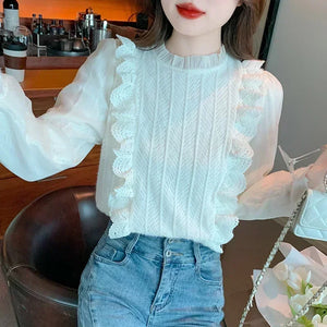 Women's O-Neck Polyester Long Sleeves Ruffled Casual Blouses