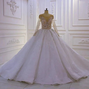 Women's V-Neck Long Sleeves Court Train A-Line Wedding Dress