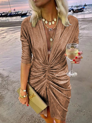 Women's Polyester V-Neck Long Sleeves Sequined Mini Party Dress