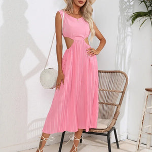 Women's Polyester O-Neck Sleeveless Pleated Pattern Casual Dress