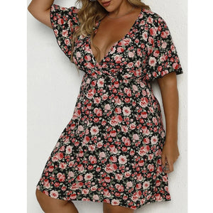 Women's Polyester V-Neck Short Sleeves Floral Pattern Casual Dress