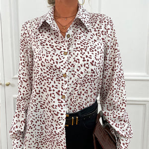 Women's Turn-Down Collar Long Sleeve Leopard Pattern Casual Blouses
