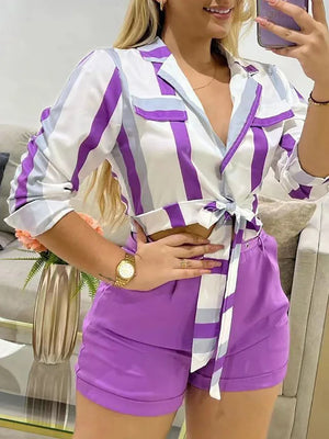 Women's Turn-Down Collar Polyester Long Sleeves Striped Dress