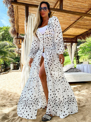 Women's Polyester Deep V-Neck Dotted Pattern Sexy Bathing Cover Up